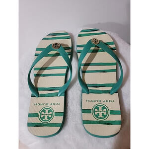 Tory Burch Logo Flip Flops Green White 10.5" SIZE 11 Flat Sandals